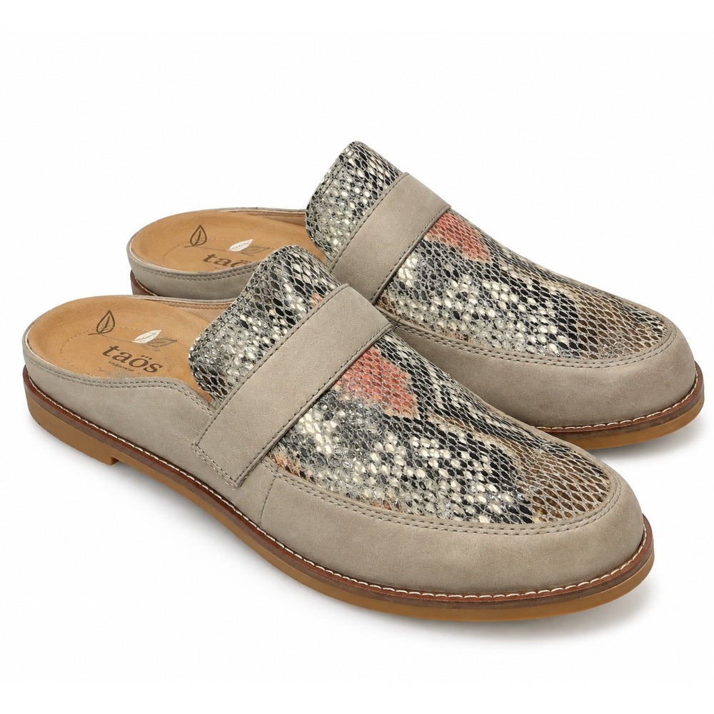 Taos Royal Mules Womens 8 Taupe Snake Print Leather Slip On Shoes Flats Boho